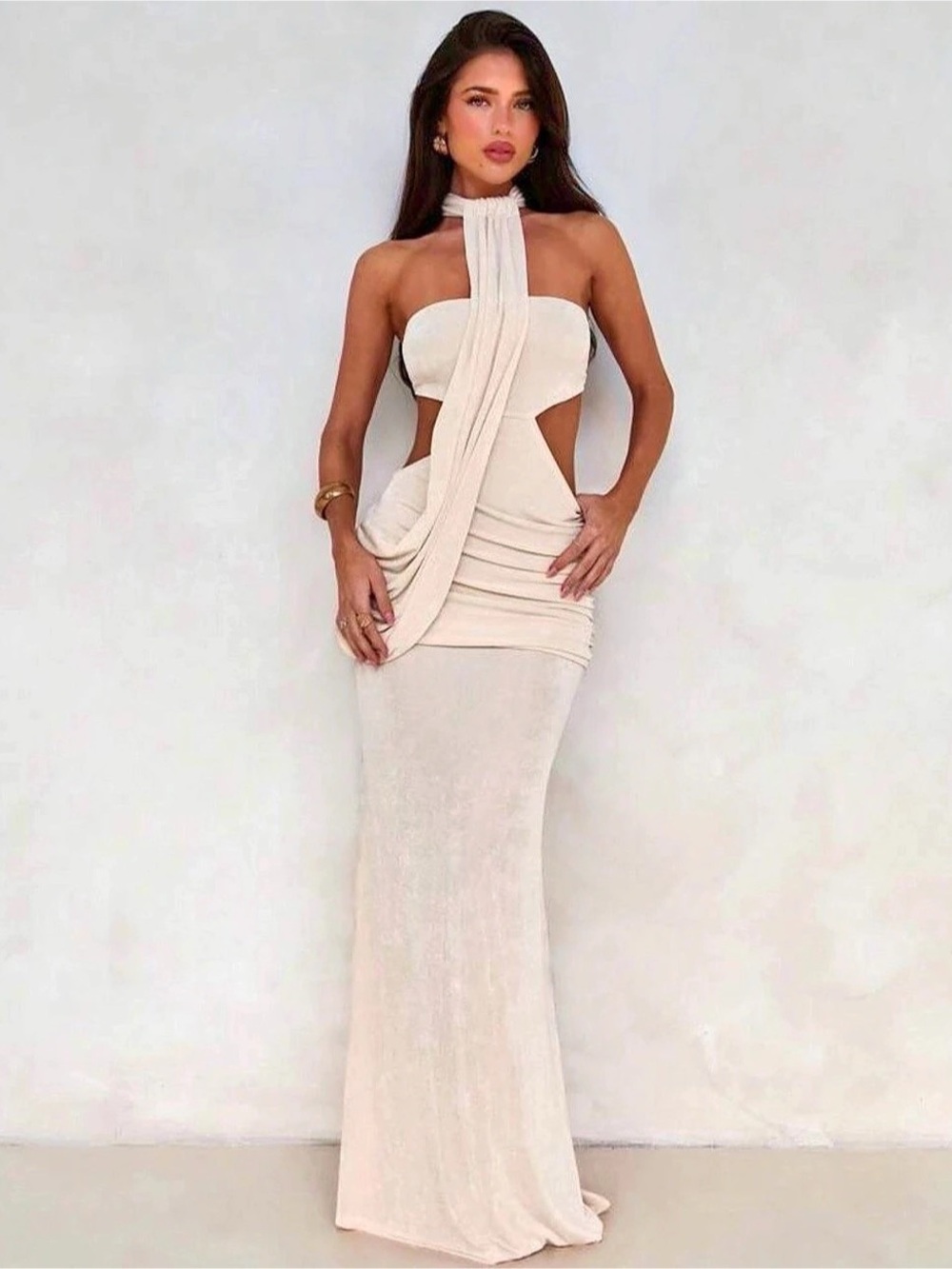 EGO One Shoulder Draped Trim Detail Asymmetric Cut Out Maxi Dress